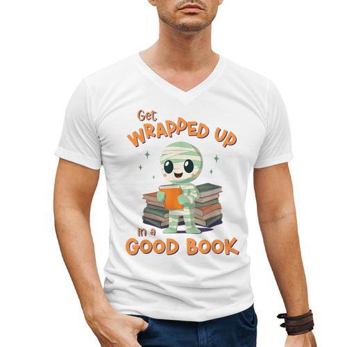 Cute Halloween Teacher Librarian Mummy Reading Books Men's V-Neck T-Shirt - Bookorys CA