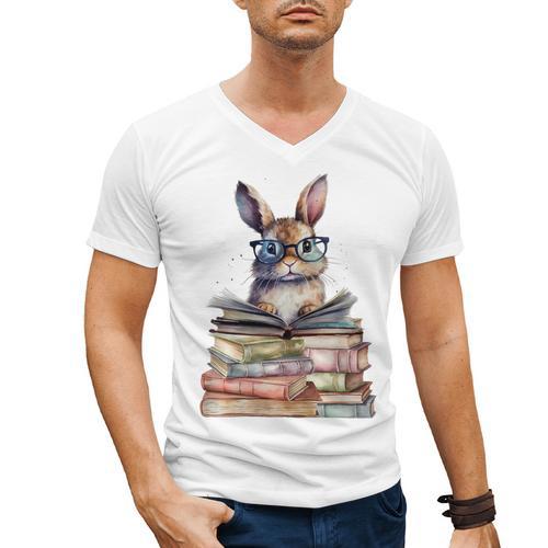 Cute Reading Bunny With Glasses Books Bookworm Reader Book Premium Tri-Blend Men's V-Neck T-Shirt - Bookorys