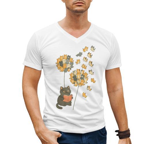Cute Reading Cat With Kitten Dandelion Flowers Book Lover Men's V-Neck T-Shirt - Bookorys CA