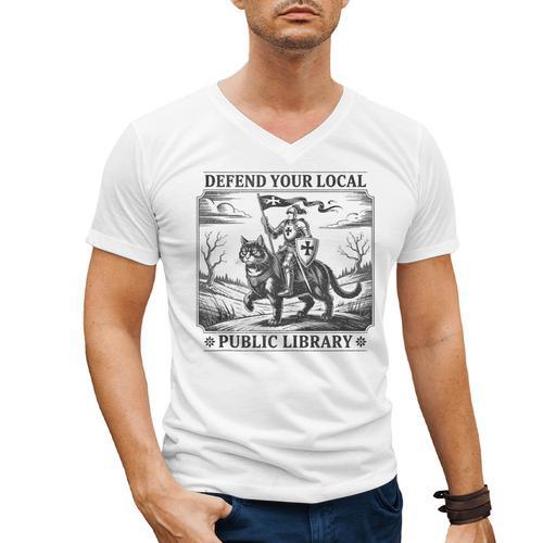 Defend Your Local Public Library Cat Knight Book Lover Men's V-Neck T-Shirt - Bookorys AU