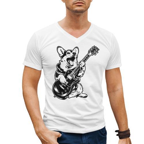 Dog Guitarist Guitar Pembroke Welsh Corgi Dad Mom Men's V-Neck T-Shirt - Father's Day Fun