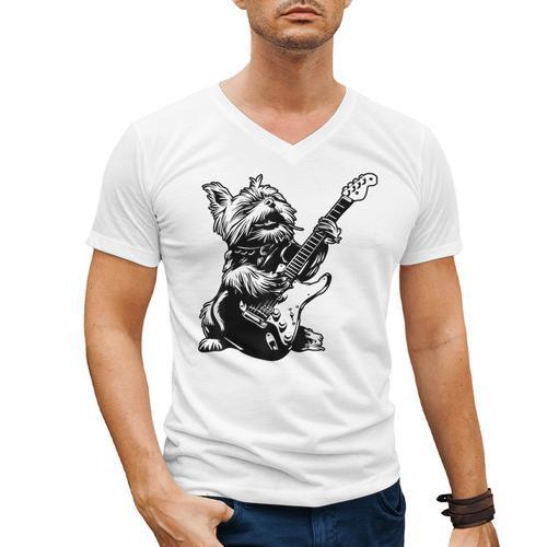 Dog Guitarist Guitar Yorkie Dad Mom For Men Women Men's V-Neck T-Shirt - Father's Day Fun