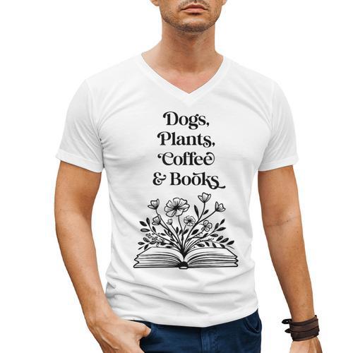 Dogs Plants Coffee Books Book Lover Dog Lover Reading Men's V-Neck T-Shirt - Bookorys