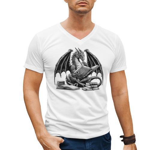Dragon Reading Book Bookworm Books Dragon Learning Men's V-Neck T-Shirt - Bookorys