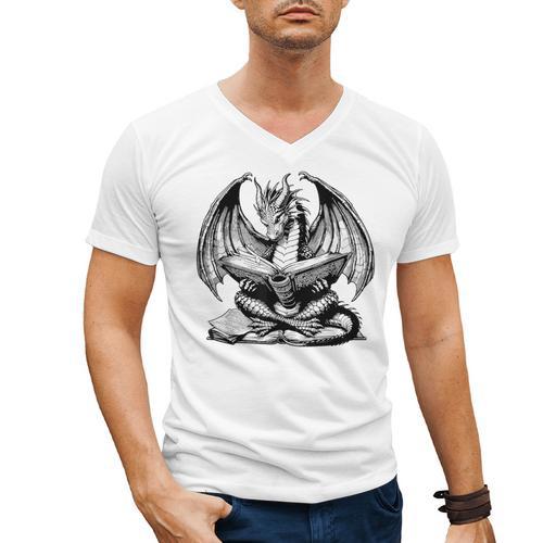 Dragon Reading Book Bookworm Books Dragon Lover Learning Men's V-Neck T-Shirt - Bookorys AU