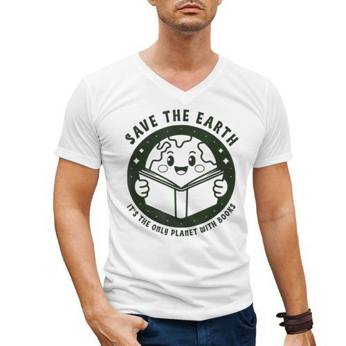 Earth Day 2025 Save Earth It´s Only Planet With Books Reader Men's V-Neck T-Shirt - Bookorys