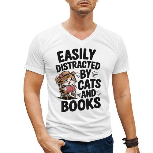 Easily Distracted By Cats And Books Lovers Reading Men's V-Neck T-Shirt - Bookorys