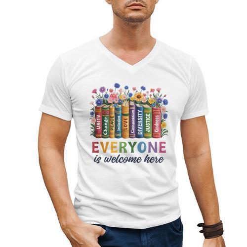 Everyone Is Welcome Here Floral Book LGBT Pride Equality Men's V-Neck T-Shirt - Bookorys UK