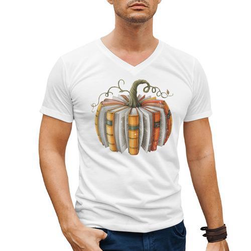 Fall Book Pumpkin Fall Librarians Bookworm Teachers Students Men's V-Neck T-Shirt - Bookorys