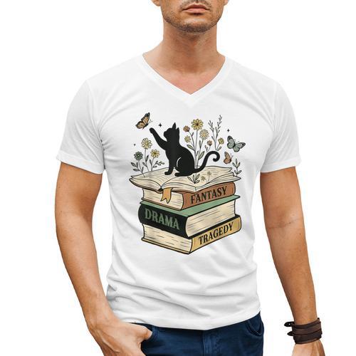 Fantasy Drama Tragedy Cat Book Lover Reading Humor Men's V-Neck T-Shirt - Bookorys