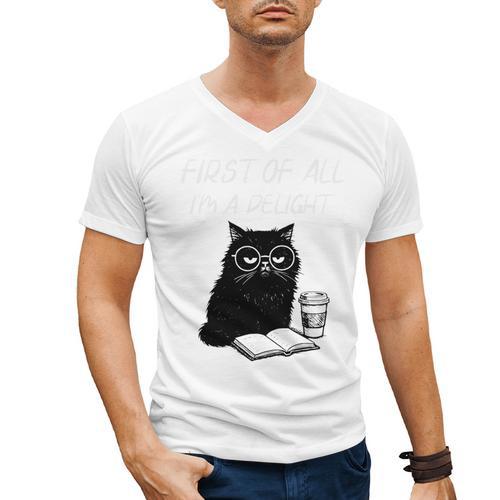 First Of All I’m A Delight Cute Cat Books Coffee Humor Men's V-Neck T-Shirt - Bookorys DE