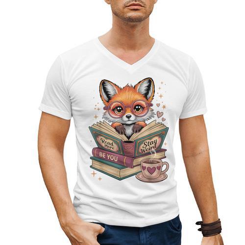Fox Read Books Be Kind Stay Weird Reader Cute Nerd Bookworm Men's V-Neck T-Shirt - Bookorys