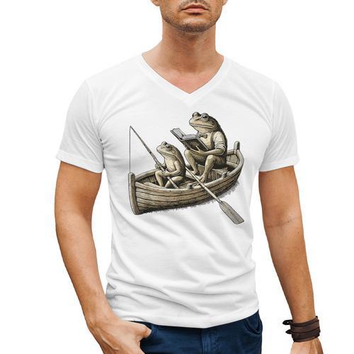 Frog Frogs Fishing & Book Vintage Classic Cottagecore Frog Men's V-Neck T-Shirt - Bookorys