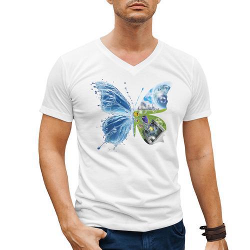 Frutiger Aero Aesthetic Butterfly Computer Fishes Scenery Raglan Baseball Tee Men's V-Neck T-Shirt - Figerry