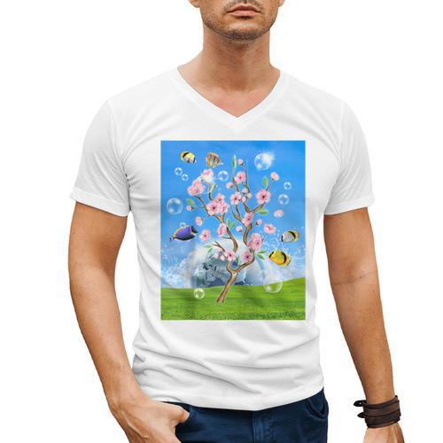 Frutiger Aero Aesthetic Tech Cherry Blossom Fishes Bubbles Raglan Baseball Tee Men's V-Neck T-Shirt - Figerry
