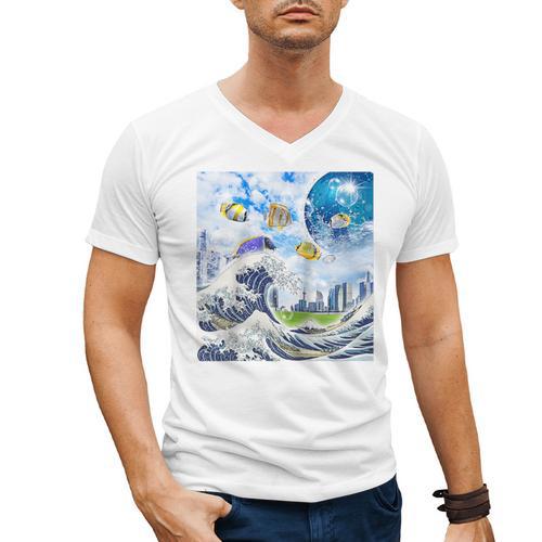 Frutiger Aero Aesthetic Tech Great Wave Of Kanagawa Fishes Raglan Baseball Tee Men's V-Neck T-Shirt - Figerry