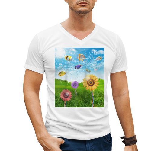 Frutiger Aero Aesthetic Tech Scenery Fishes Sunflower Raglan Baseball Tee Men's V-Neck T-Shirt - Figerry