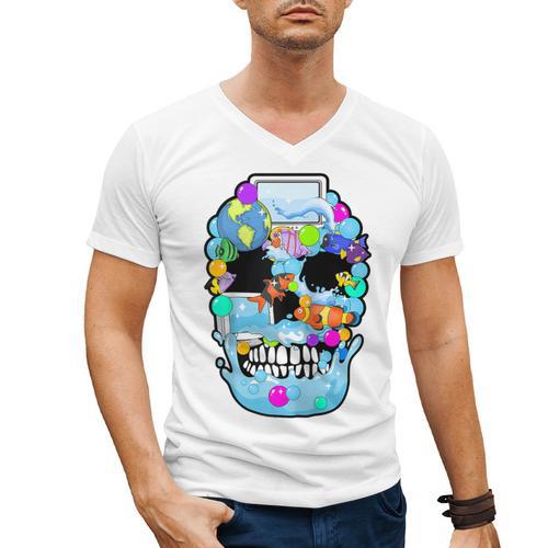 Frutiger Aero Aesthetic Tech Skull Computer Fishes Raglan Baseball Tee Men's V-Neck T-Shirt - Figerry