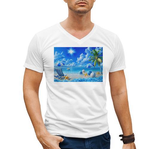 Frutiger Aero Beach Y2k Aesthetic Palm Tree Sand Ocean Premium Men's V-Neck T-Shirt - Figerry