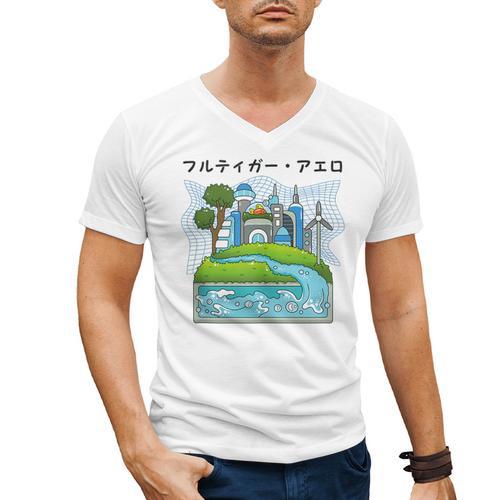 Future City Wind Power Frutiger Aero Y2K Style Ocean Men's V-Neck T-Shirt - Figerry