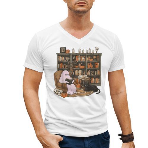 Ghost Reading Book Cat Lover Halloween Reading Enthusiast Men's V-Neck T-Shirt - Bookorys AU