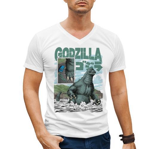 Godzilla Ocean Scene Comic Book Illustration Movie Monster Men's V-Neck T-Shirt - Bookorys
