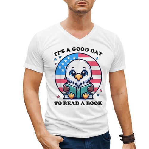 A Good Day To Read a Book Reading Eagle With American Flag Men's V-Neck T-Shirt - Bookorys