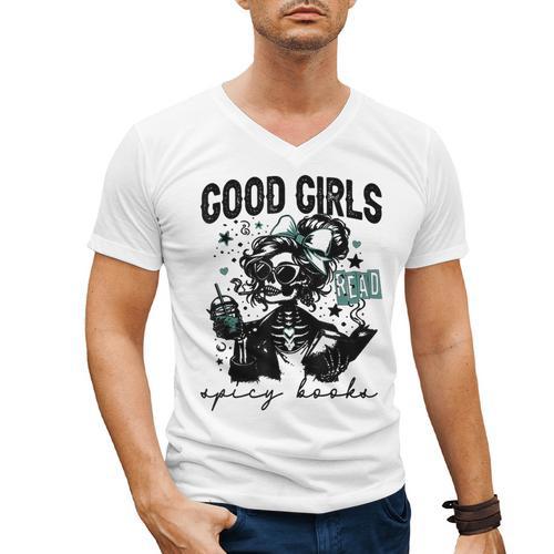 Good Girls Read Spicy Skeleton Book Club Men's V-Neck T-Shirt - Bookorys