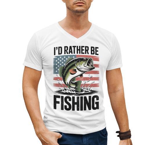 I'd Rather Be Fishing Bass Fish Dad Joke American Flag Men's V-Neck T-Shirt - Father's Day Fun