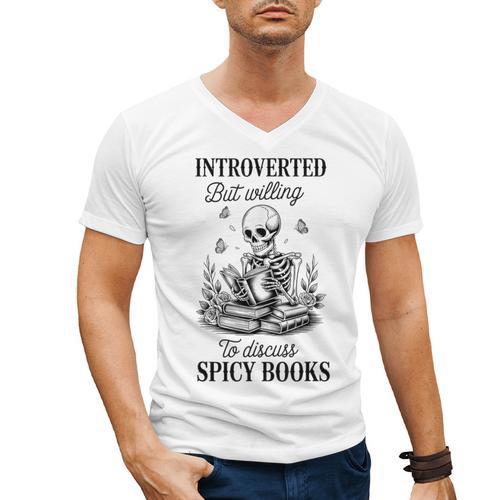 Introvert Read Spicy Books Lover Bookworm Skeleton Reading Men's V-Neck T-Shirt - Bookorys CA