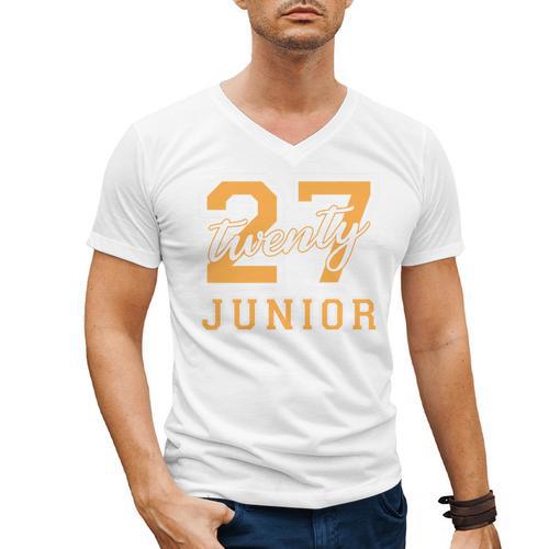 Junior Class 2027 Graduation Back To School Orange Letters Premium Tri-Blend Men's V-Neck T-Shirt - Best Gift Smart