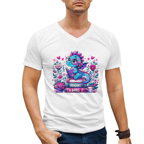 Just A Girl Who Loves Dragons And Books Cute Dragon Reading Premium Tri-Blend Men's V-Neck T-Shirt - Bookorys