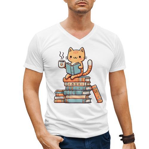 Kawaii Cat Coffee Books Teacher Men Women Girls Kids Men's V-Neck T-Shirt - Bookorys AU