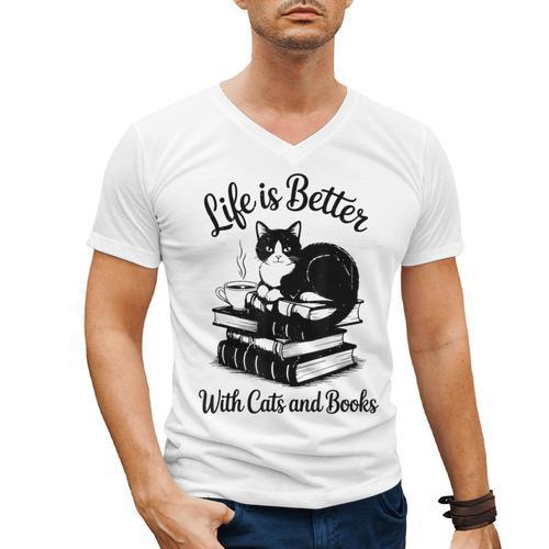 Life Is Better With Cats & Books Tuxedo Cat Mom Women Men's V-Neck T-Shirt - Bookorys