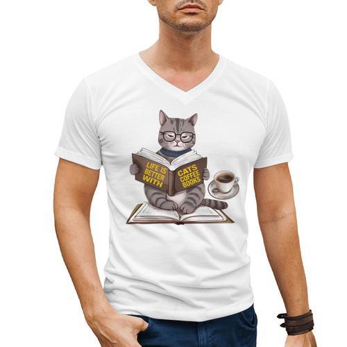 Life Is Better With Cats Coffee Books Cat Reading Book Men's V-Neck T-Shirt - Bookorys CA