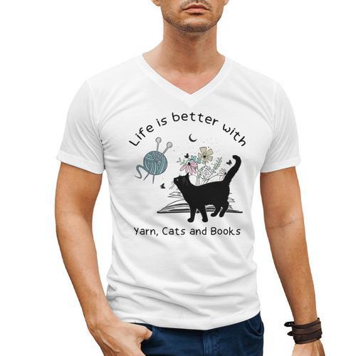 Life Is Better With Yarn Cats And Books Men's V-Neck T-Shirt - Bookorys