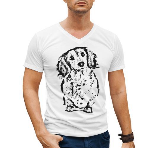 Long Hair Dachshund Lover Doxie Mom Dad Cute Wiener Dog Small Men's V-Neck T-Shirt - Father's Day Fun