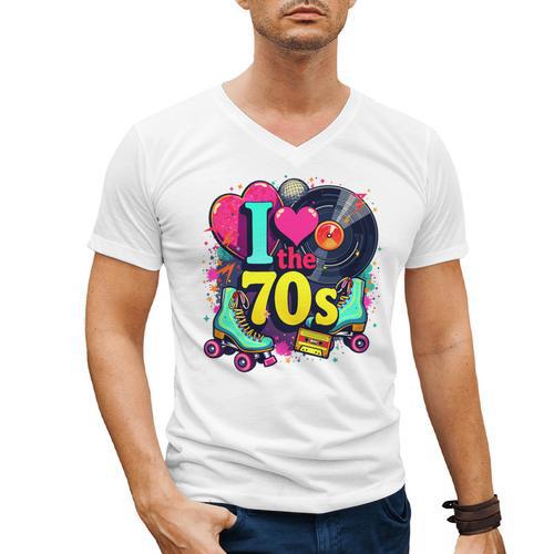 I Love The 70s Vintage Cassette Roller Vinyl Nostalgia 70s Premium Tri-Blend Men's V-Neck T-Shirt - Figerry