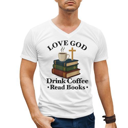 Love God Drink Coffee Read Books Lovers Jesus And Coffee Men's V-Neck T-Shirt - Bookorys