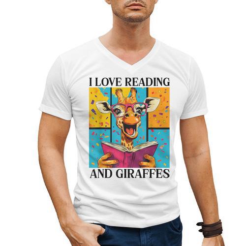Love Reading And Giraffes Cute Giraffe Reading Book Lovers Men's V-Neck T-Shirt - Bookorys CA