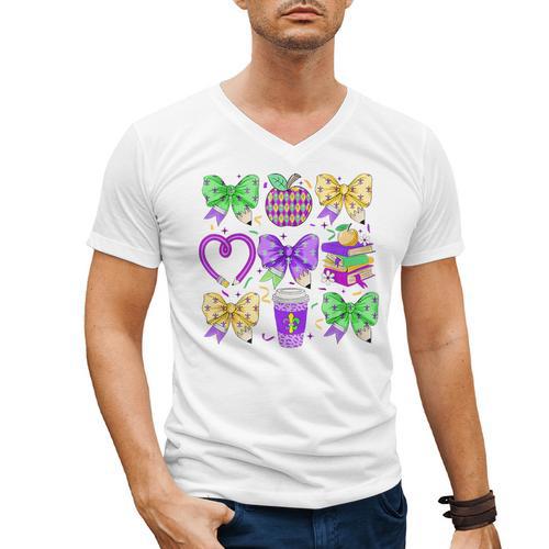 Mardi Gras Teacher Coquette Bow Pencil Apple Book Women Girl Men's V-Neck T-Shirt - Bookorys DE