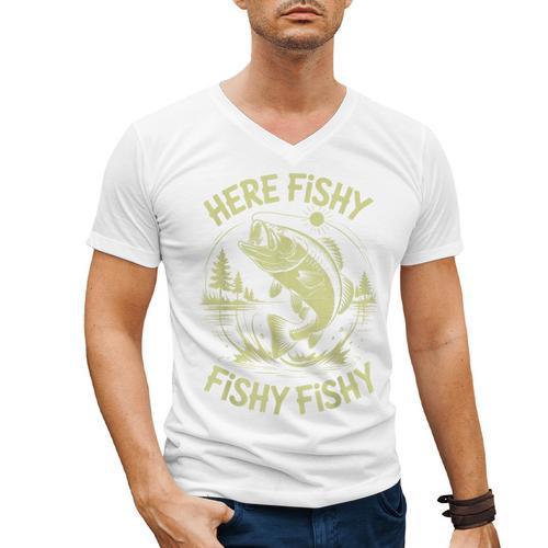 Men Here-Fishy Bass Fish Dad Fishing From Daughter Son Men's V-Neck T-Shirt - Father's Day Fun