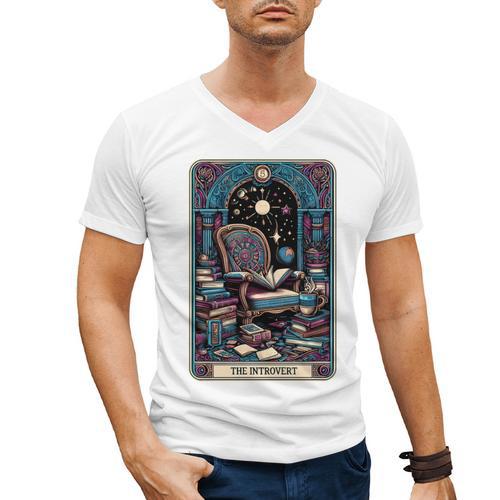 Mystical Library Book Reader The Introvert Tarot Card Men's V-Neck T-Shirt - Raresse