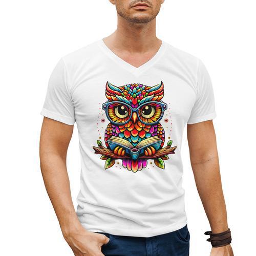 Owl With Glasses And Book Reading Men's V-Neck T-Shirt - Bookorys AU