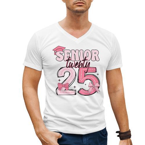 Pink Coquette Bow Senior 2025 Back To School Graduation Girl Men's V-Neck T-Shirt - Best Gift Smart