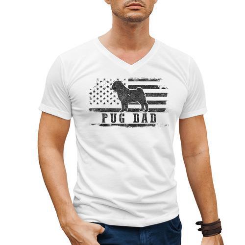 Pug Dad Distressed American Flag Patriotic Dog Men's V-Neck T-Shirt - Father's Day Fun