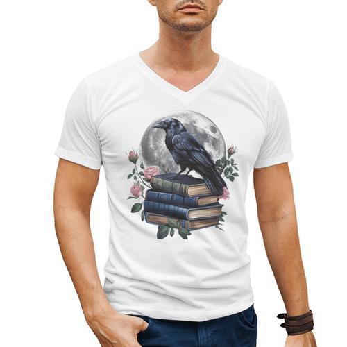 Raven Nature Art Crow Moon Book Cottagecore Botanical Flower Men's V-Neck T-Shirt - Bookorys