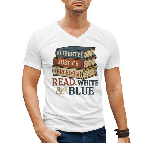Read Blue Liberty Books July 4th Independence Men's V-Neck T-Shirt - Bookorys DE