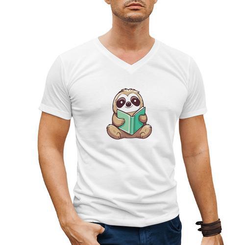 I Read Past My Bedtime Reading Sloth Book Lover Men's V-Neck T-Shirt - Bookorys