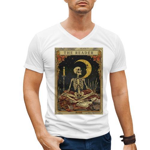 The Reader Tarot Card Book Lover Skeleton Art Goth Style Men's V-Neck T-Shirt - Bookorys DE